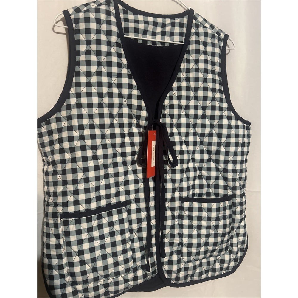 NWT Blue Checked Quilted Vest Size M Tie Front And Pockets